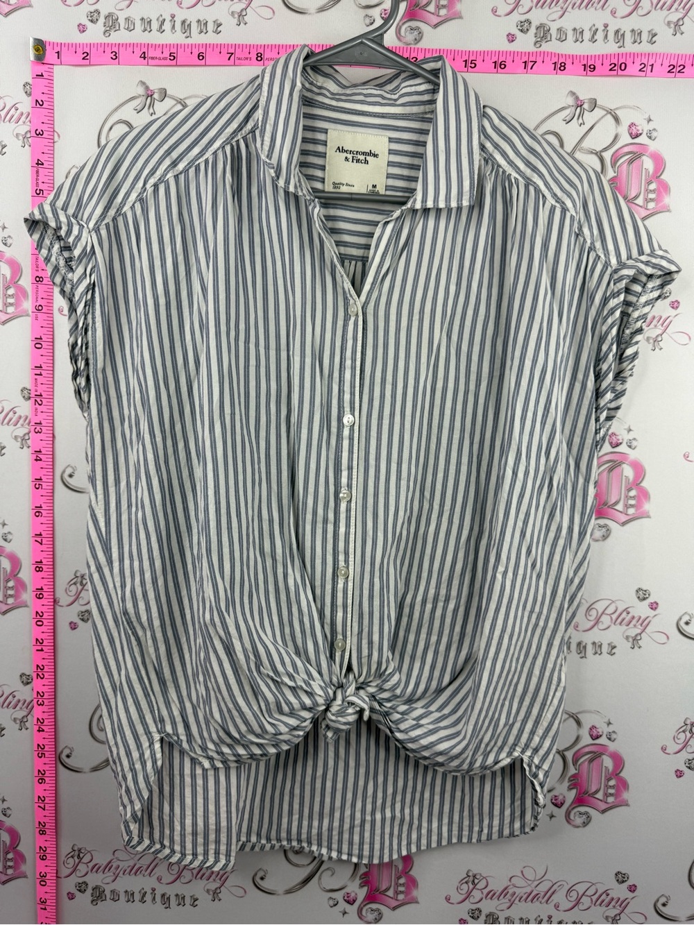 Abercrombie & Fitch White and Blue Vertical Stripe Tie-Hem Button Shirt